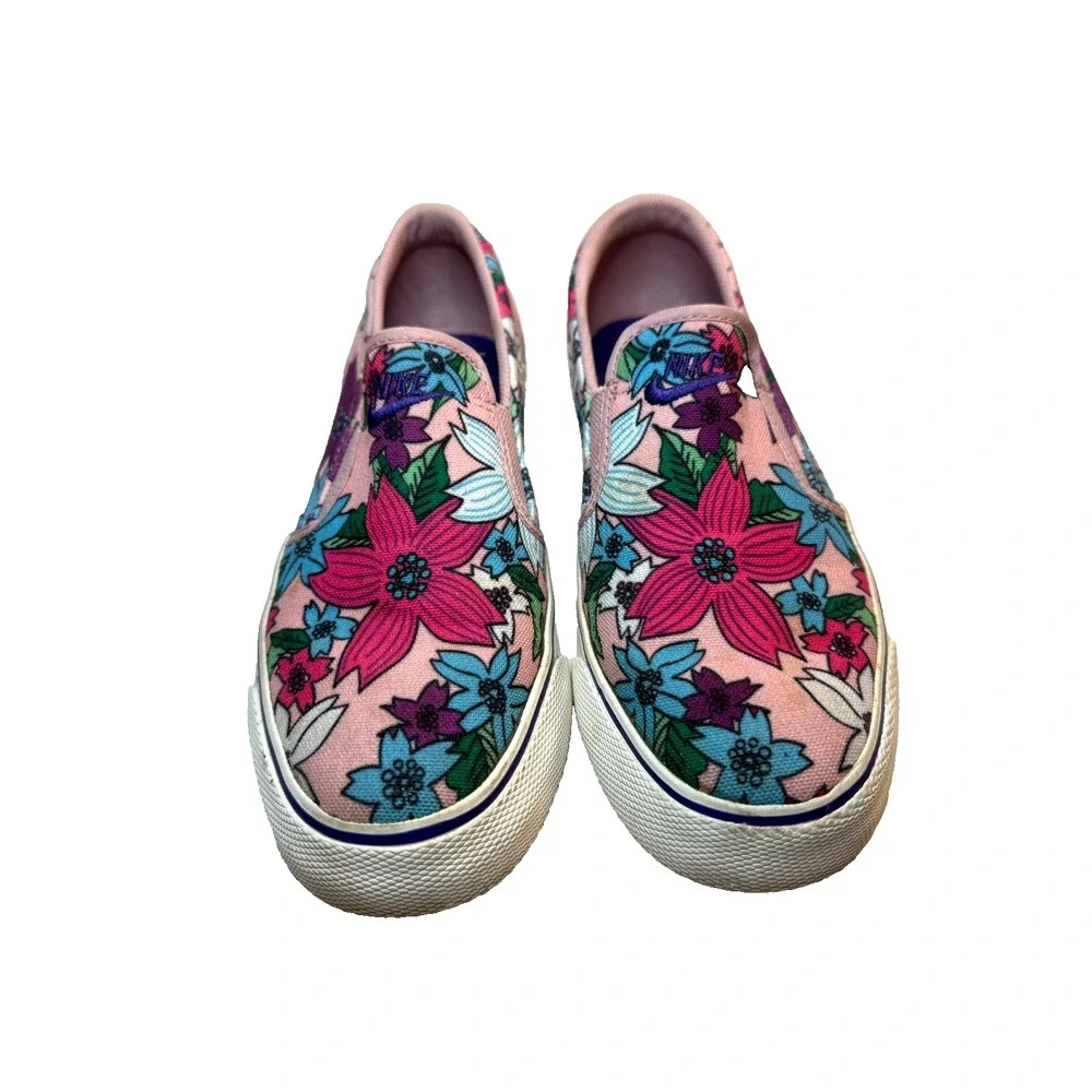 Nike TOKI PInk Blue Aloha Floral Thick Canvas Slip On Loafer Skater Shoe Wmn 6.5
